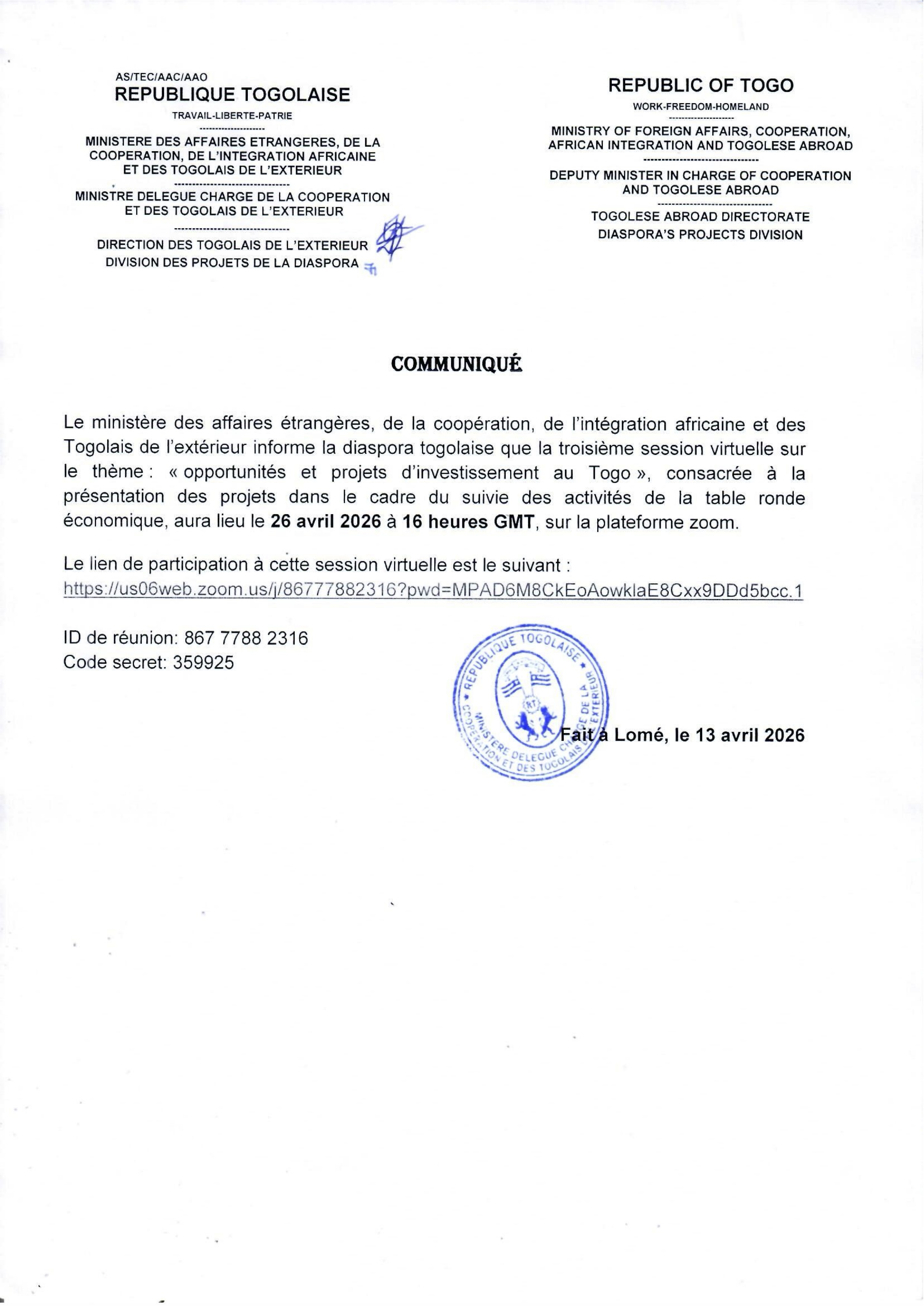 la troisième session virtuelle sur le thème: « opportunités et projets d'investissement au Togo »